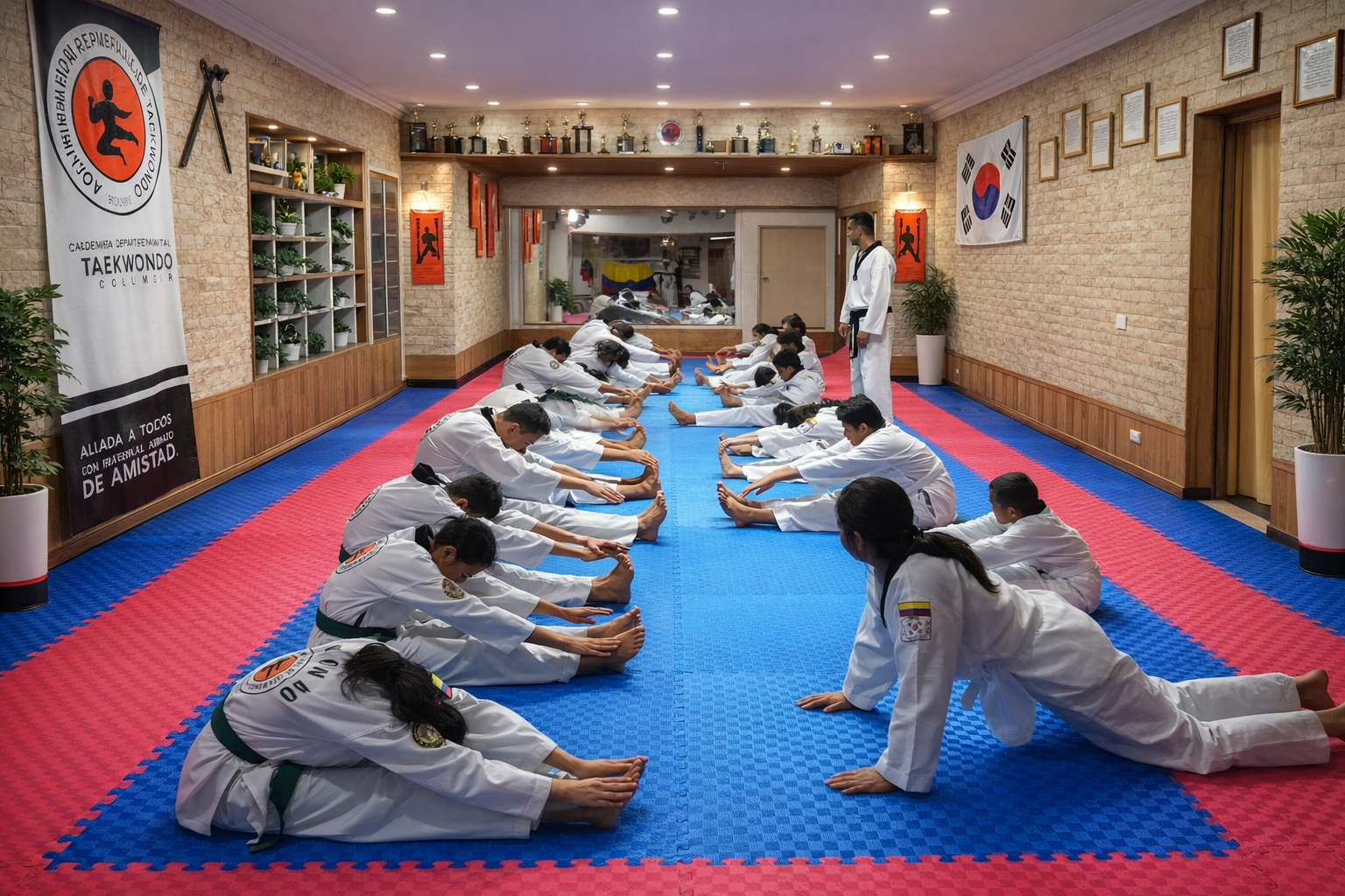 Estudiantes de Taekwondo estirando en el tatami de la academia ADT en Cartagena